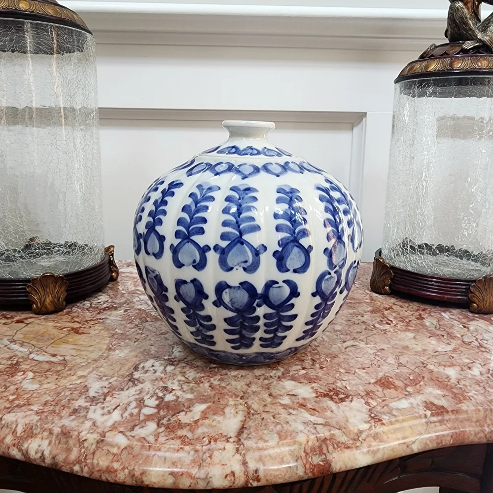 Vintage Porcelain Blue White Flow Round Asian Melon Ginger Jar Lid Chinoiserie - Picture 3 of 7